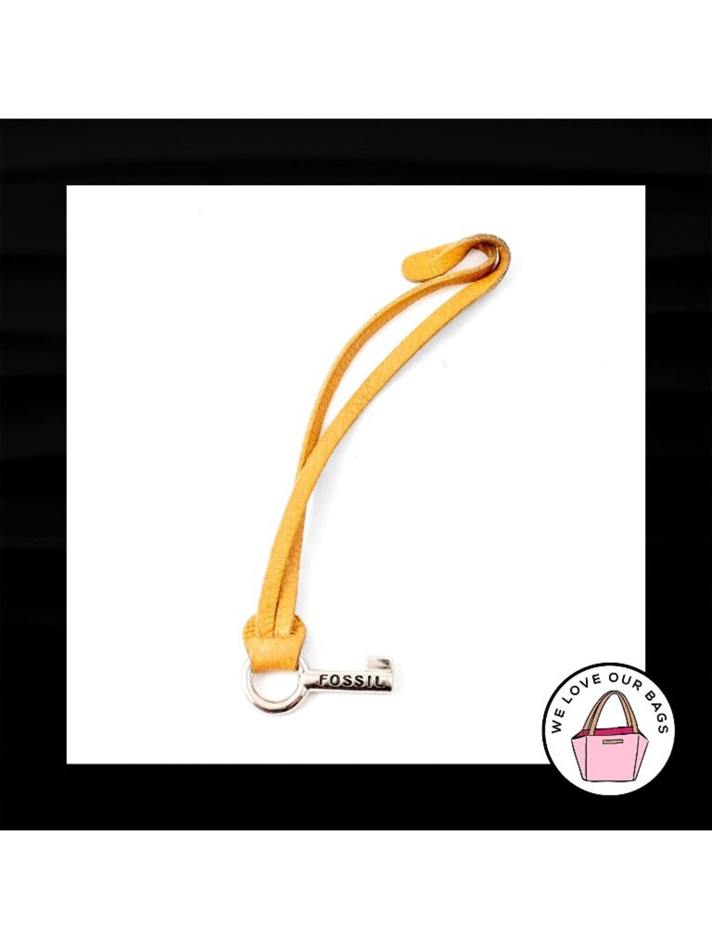 FOSSIL Yellow LEATHER STRAP Loop Silver Nickel Fob Bag Charm Keychain Hang Tag